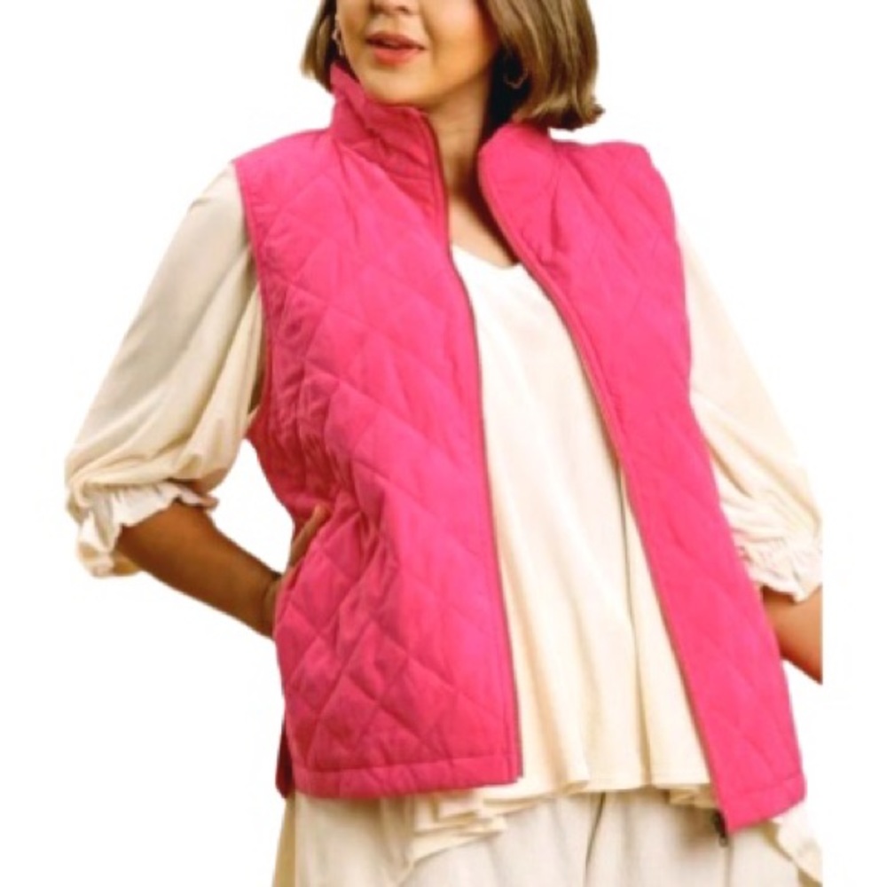 Francesca’s Collection Miami Magenta Pink Quilted Zip Up Vest Womens Size L